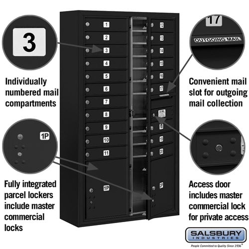 Maximum Height Surface Mounted 4C Horizontal Mailbox with 20 Doors and 2 Parcel Lockers in Black