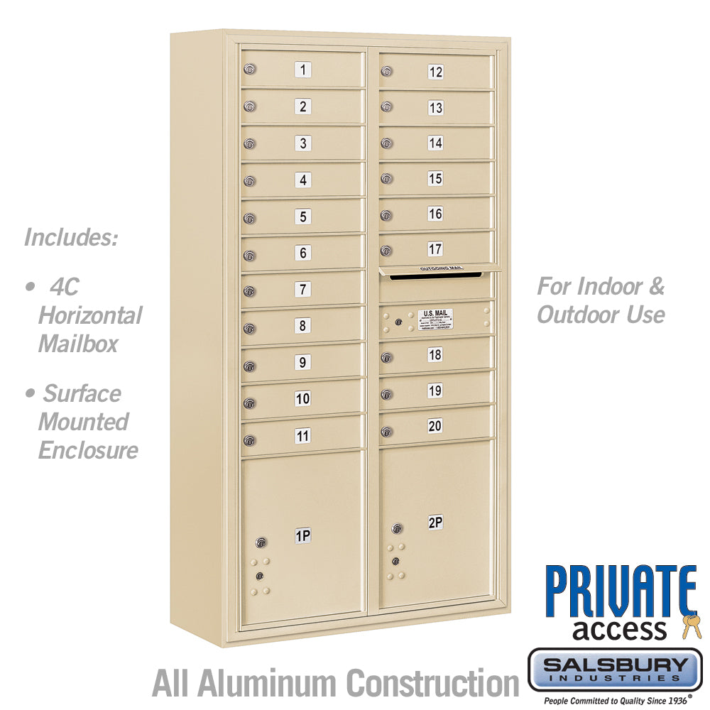 Maximum Height Surface Mounted 4C Horizontal Mailbox with 20 Doors and 2 Parcel Lockers in Sandstone