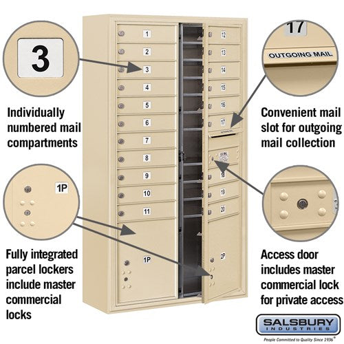 Maximum Height Surface Mounted 4C Horizontal Mailbox with 20 Doors and 2 Parcel Lockers in Sandstone