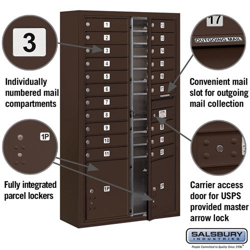 Maximum Height Surface Mounted 4C Horizontal Mailbox with 20 Doors and 2 Parcel Lockers in Bronze with USPS Access