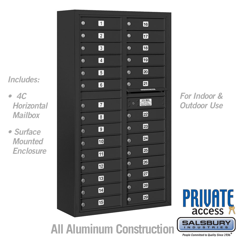 Maximum Height Surface Mounted 4C Horizontal Mailbox with 29 Doors in Black with Private Access