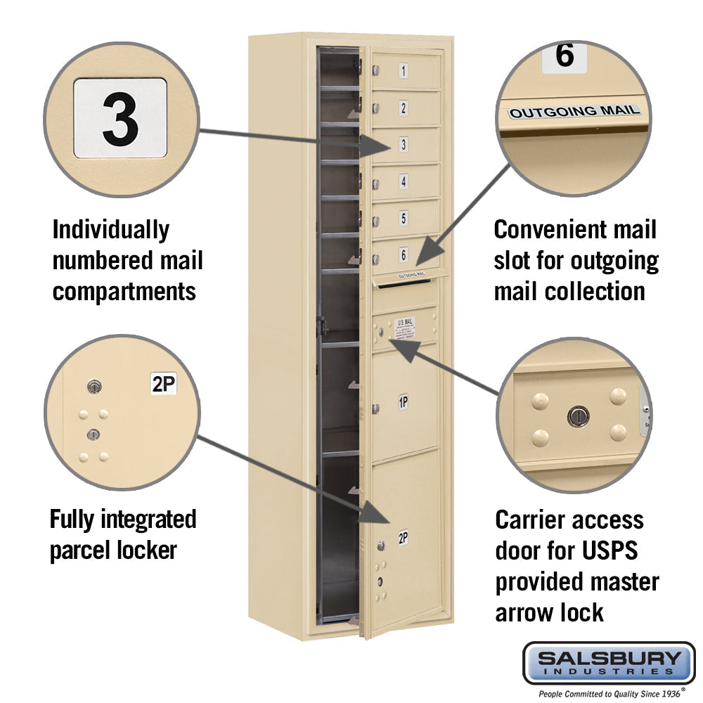 6 Door High Surface Mounted 4C Horizontal Mailbox with Parcel Locker in Sandstone