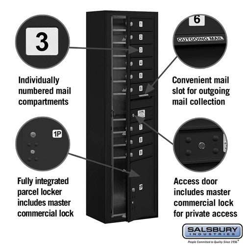 Maximum Height Surface Mounted 4C Horizontal Mailbox with 9 Doors and Parcel Locker in Black