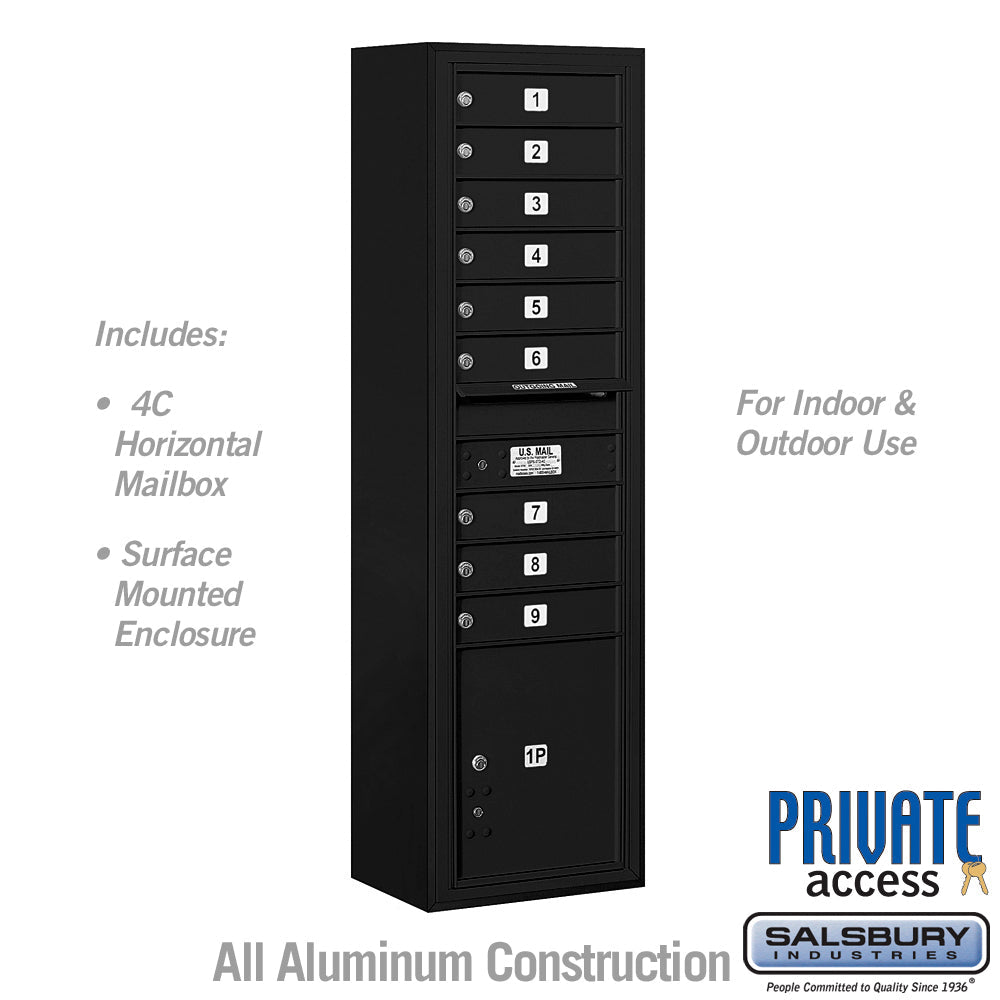 Maximum Height Surface Mounted 4C Horizontal Mailbox with 9 Doors and Parcel Locker in Black