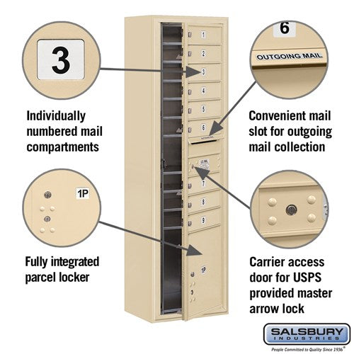 Maximum Height Surface Mounted 4C Horizontal Mailbox with 9 Doors and Parcel Locker in Sandstone
