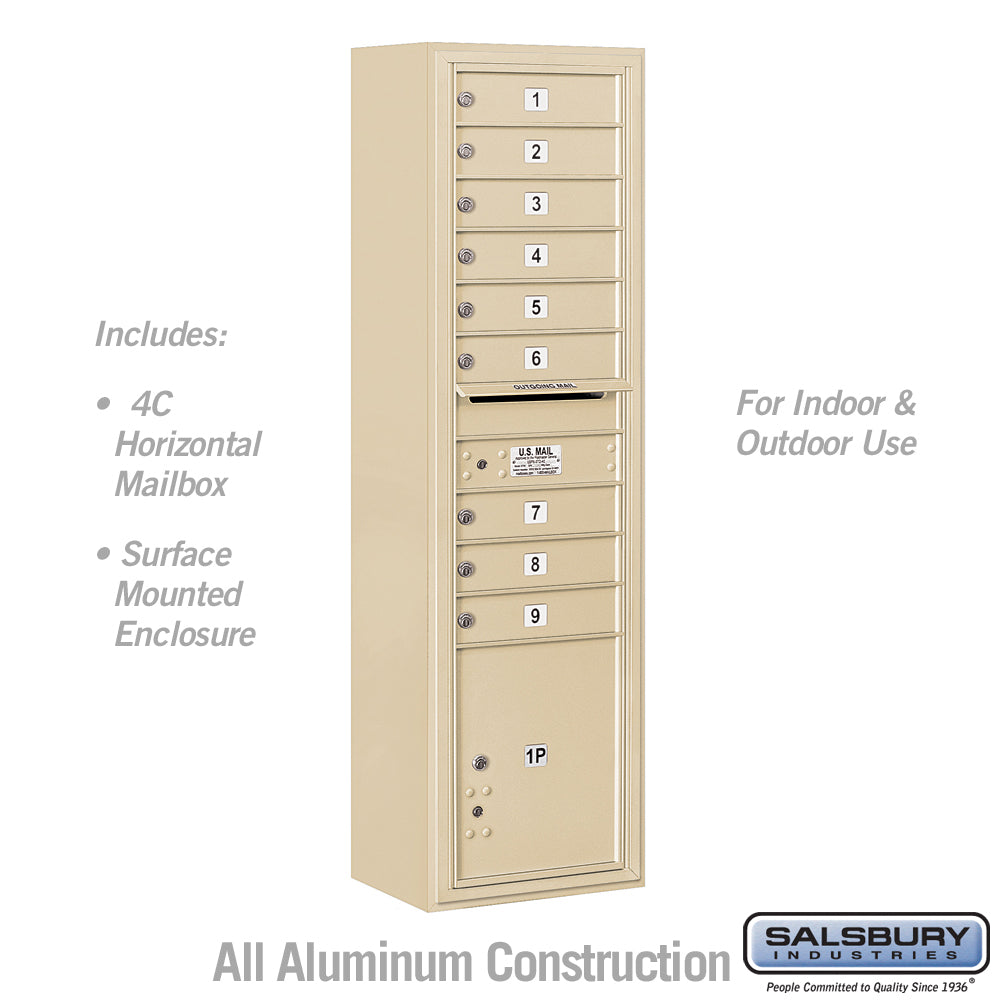 Maximum Height Surface Mounted 4C Horizontal Mailbox with 9 Doors and Parcel Locker in Sandstone