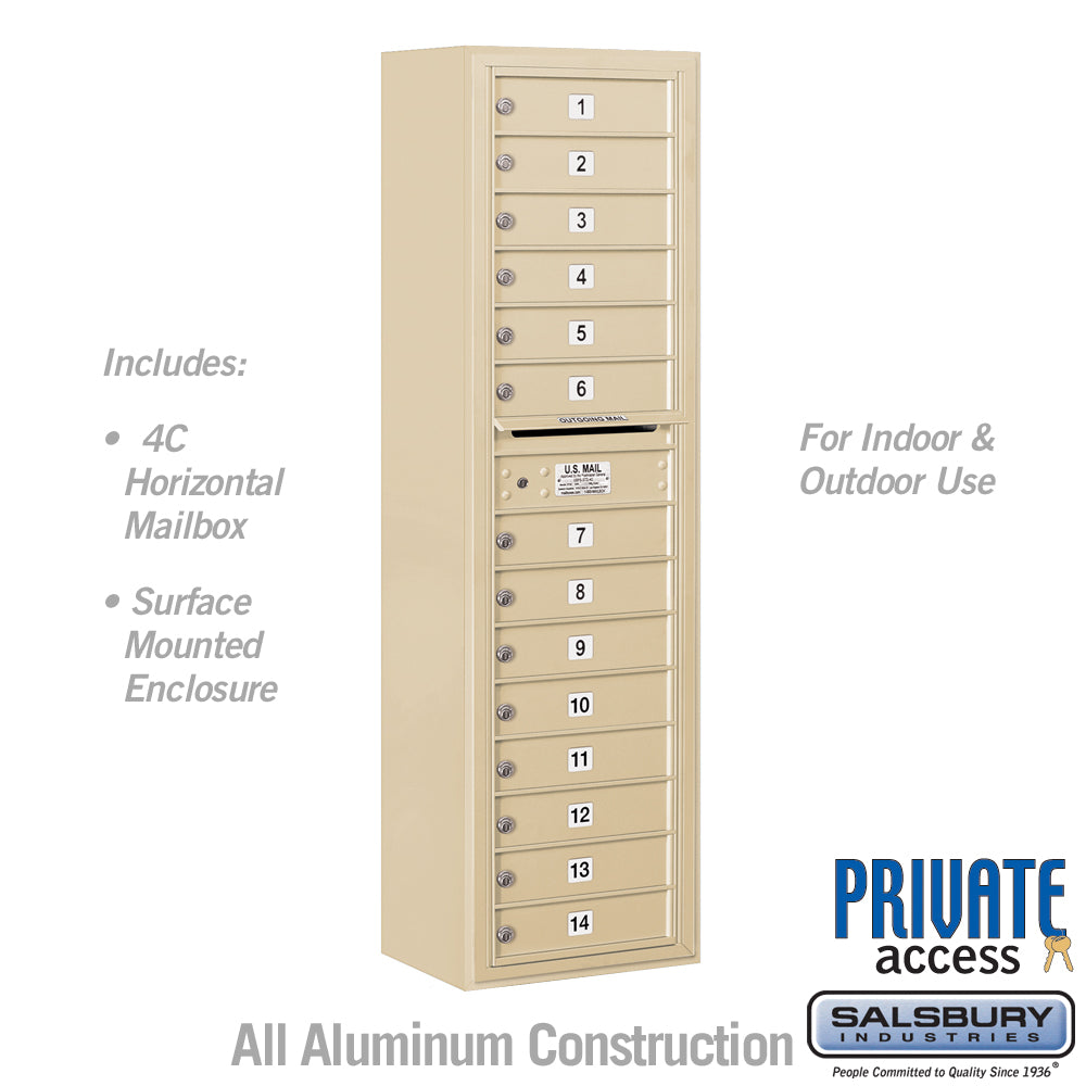 Maximum Height Surface Mounted 4C Horizontal Mailbox with 14 Doors in Sandstone with Private Access