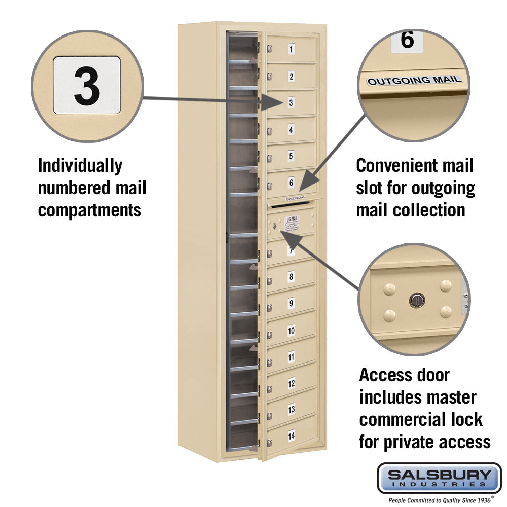 Maximum Height Surface Mounted 4C Horizontal Mailbox with 14 Doors in Sandstone with Private Access