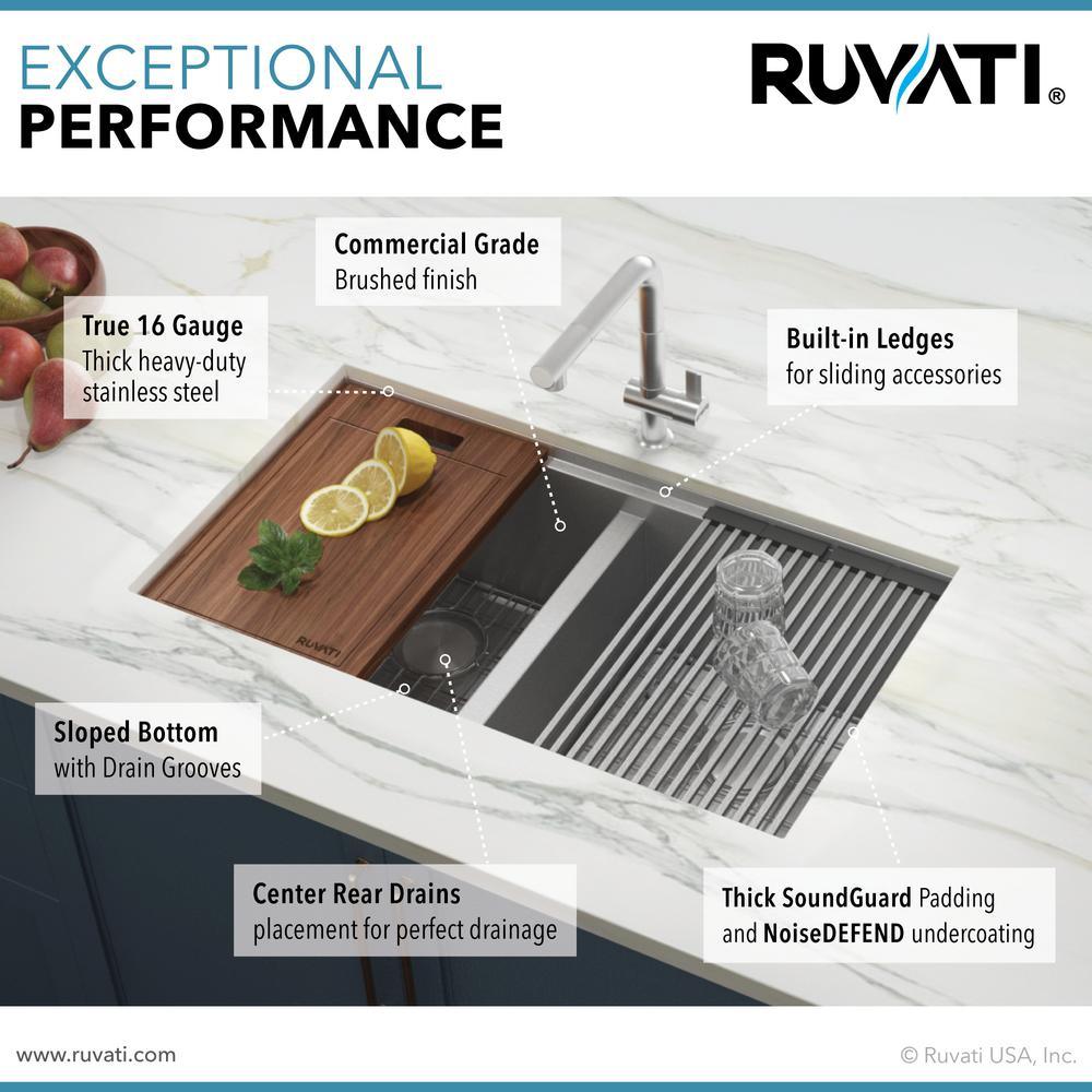 33 in. Workstation Ledge 60/40 Double Bowl Undermount 16-Gauge Stainless Steel Kitchen Sink - Super Arbor