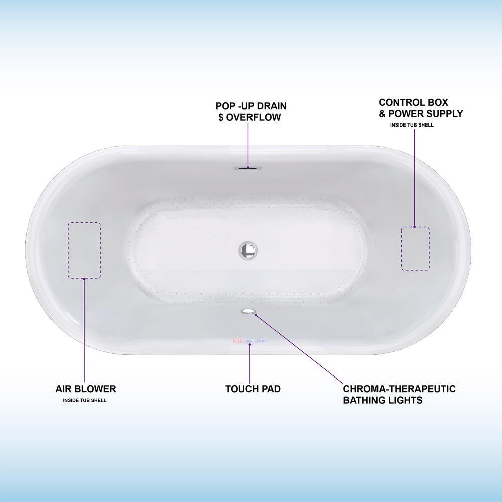 Diana 59 in. Acrylic Freestanding Double Ended Air Bath Bathtub with Drain and Overflow Included in White