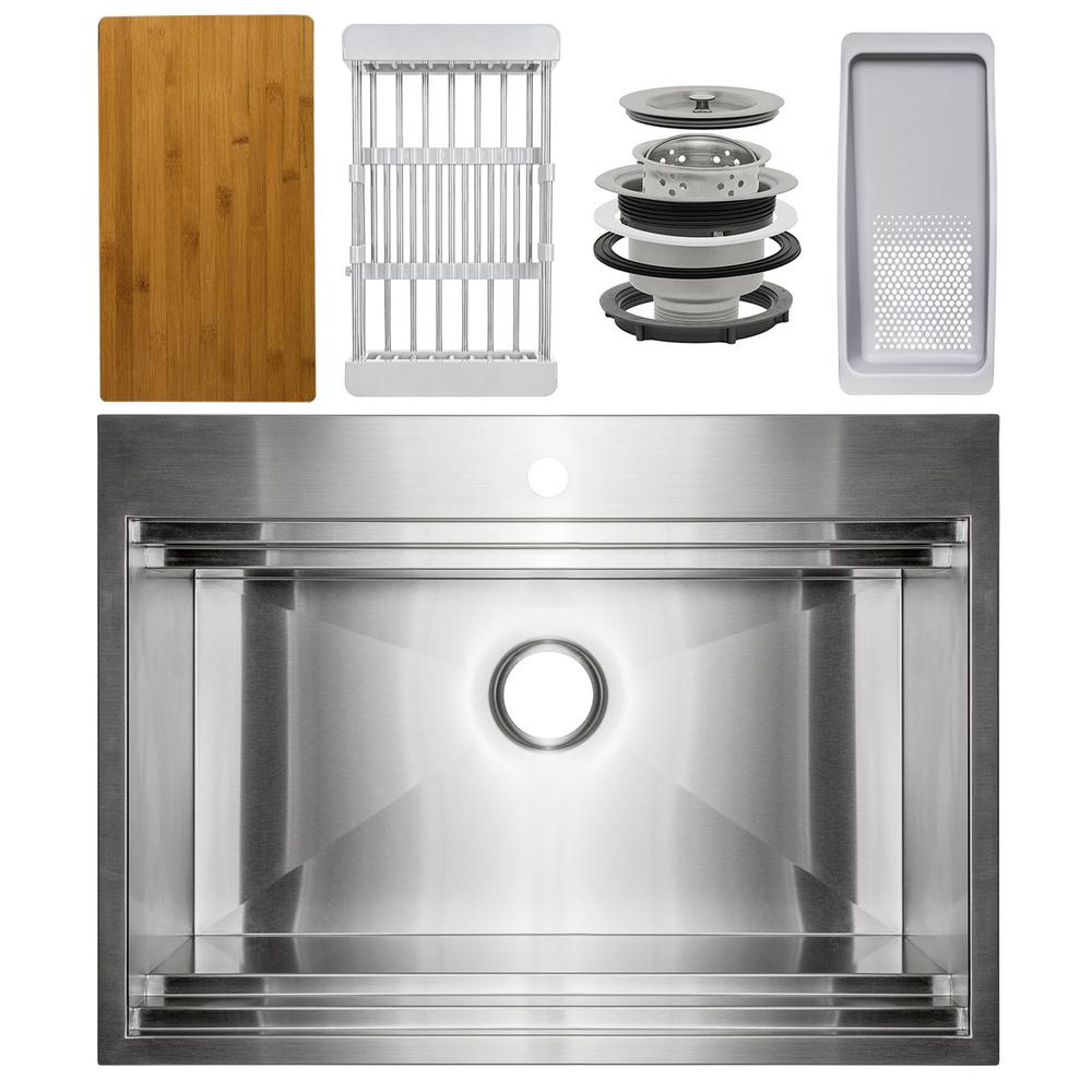 Handcrafted All-in-One Drop-In 33 in. x 22 in. x 9 in. Single Bowl Kitchen Sink in Stainless Steel with Accessories