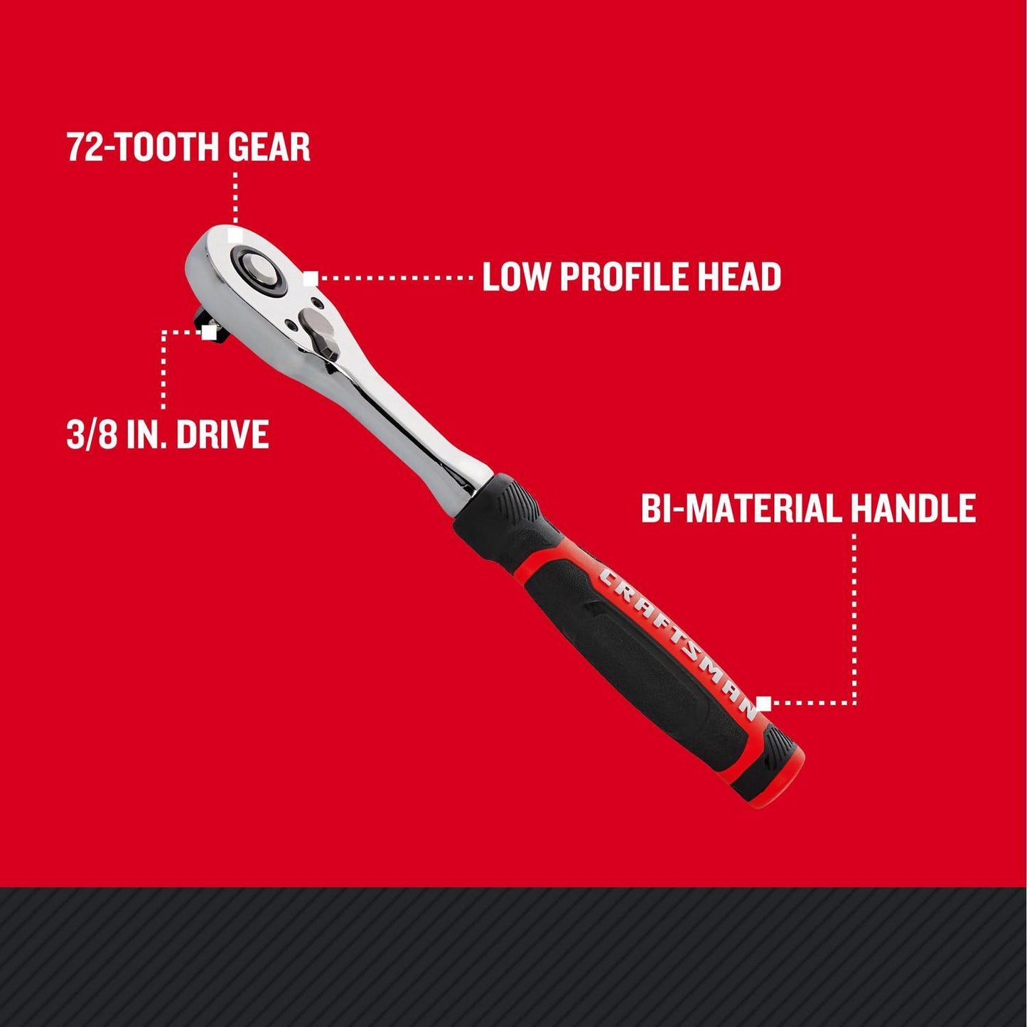 Craftsman Low Profile 3/8 in. Drive Bi-Material Ratchet, 72 Teeth