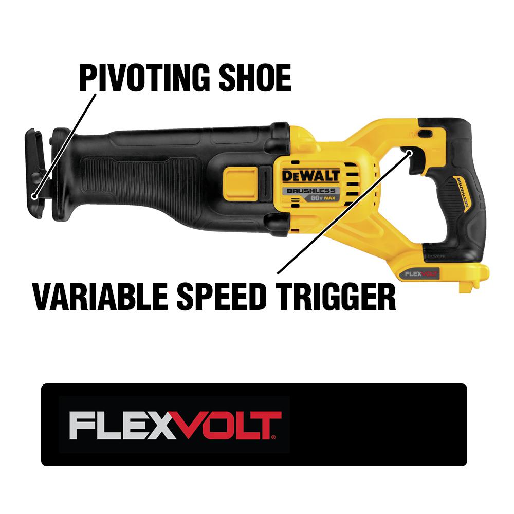 FLEXVOLT 60-Volt MAX Lithium-Ion Cordless Brushless Reciprocating Saw with (2) Batteries 2Ah, Charger and Bonus Battery