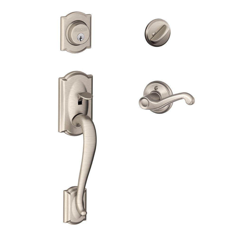 Camelot Antique Brass Single Cylinder Deadbolt with Left Handed Flair Lever Door Handleset - Super Arbor