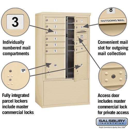 10 Door High Free-Standing 4C Horizontal Mailbox with Parcel Lockers in Sandstone