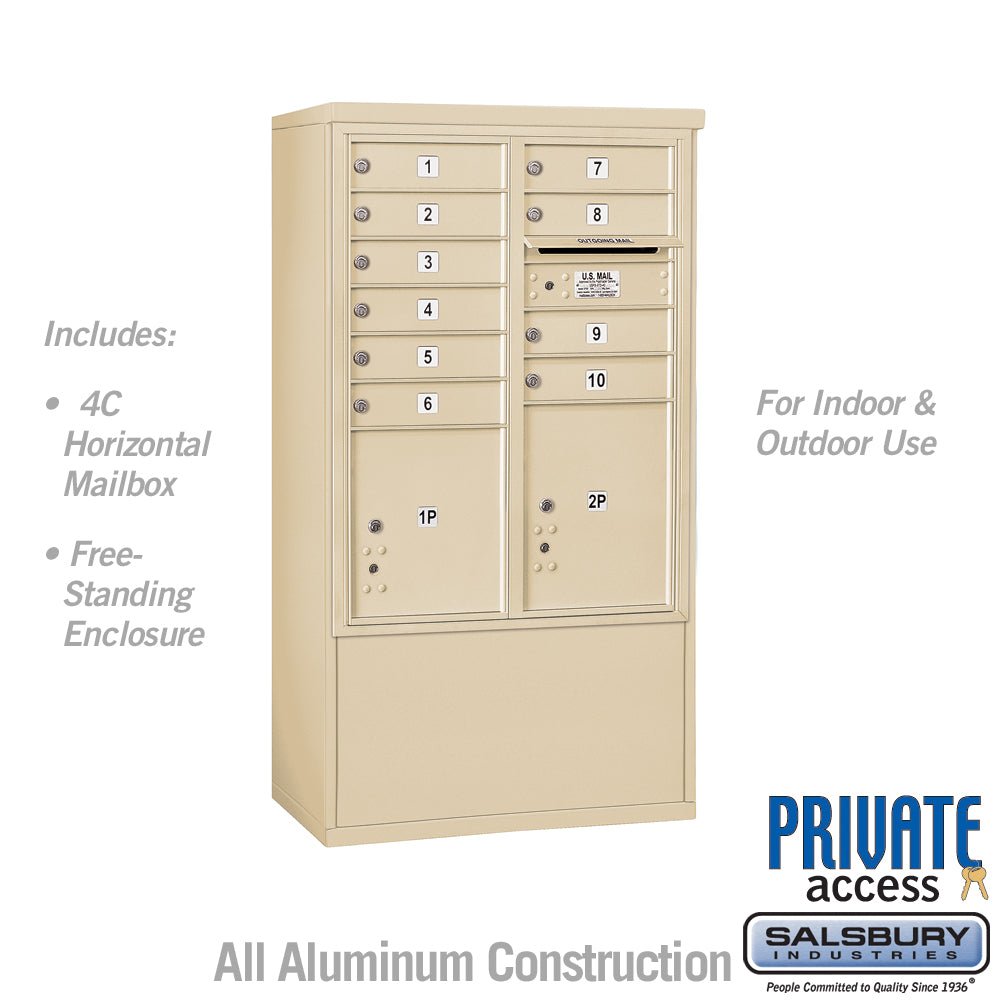 10 Door High Free-Standing 4C Horizontal Mailbox with Parcel Lockers in Sandstone