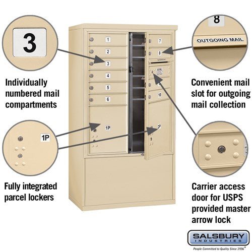10 Door High Free-Standing 4C Horizontal Mailbox with Parcel Lockers in Sandstone