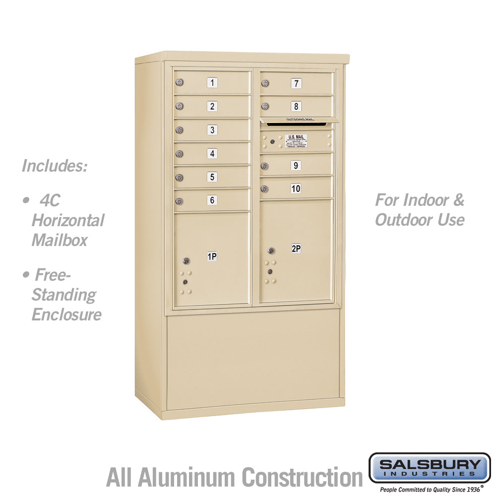 10 Door High Free-Standing 4C Horizontal Mailbox with Parcel Lockers in Sandstone