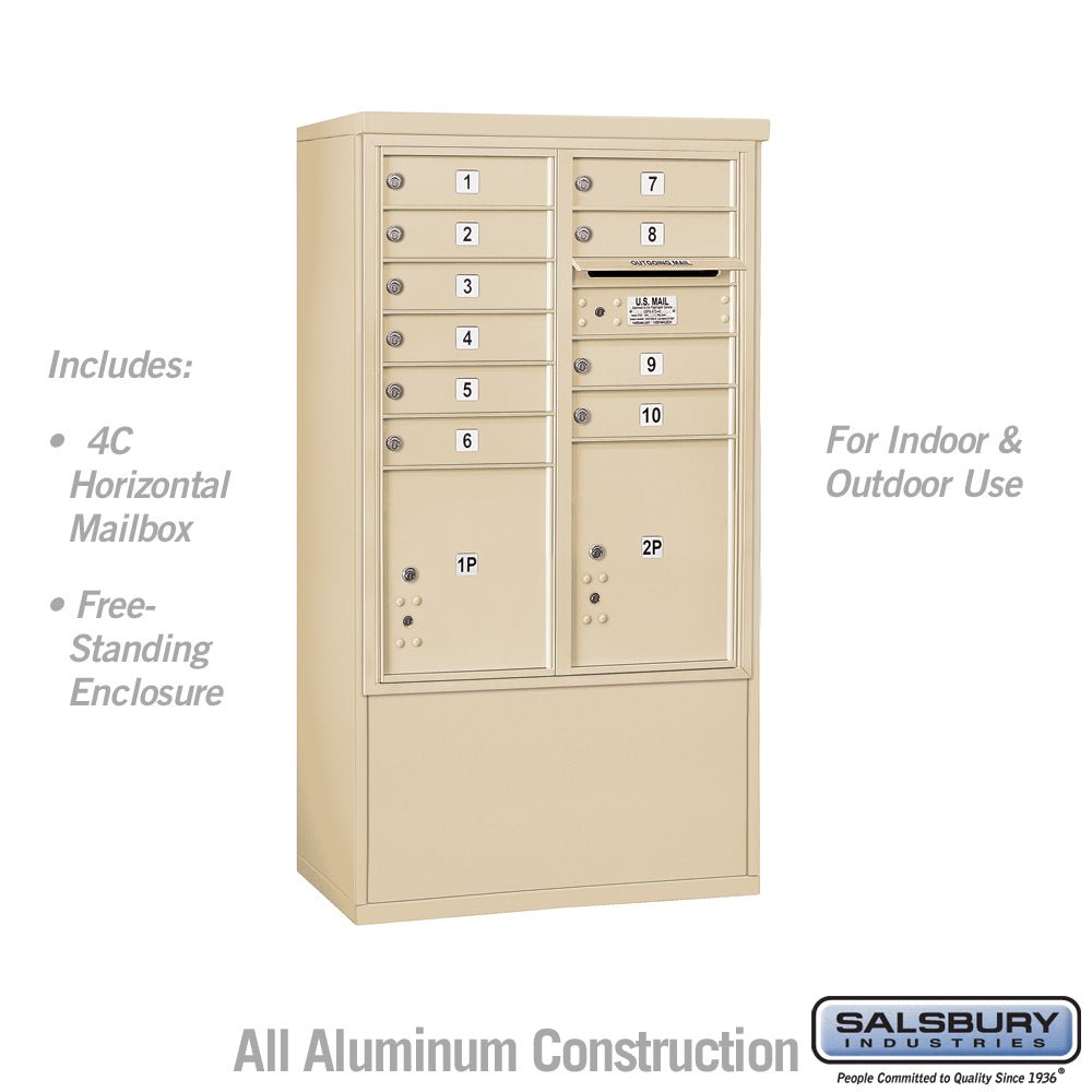 10 Door High Free-Standing 4C Horizontal Mailbox with Parcel Lockers in Sandstone