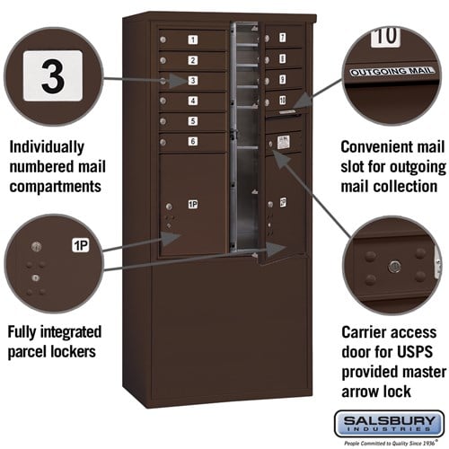 11-Door Free-Standing Mailbox with Parcel Lockers in Bronze with USPS Access