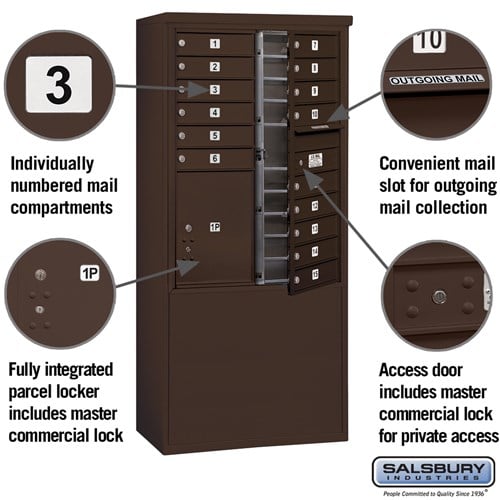 11 Door High Free-Standing 4C Horizontal Mailbox with Parcel Locker in Bronze