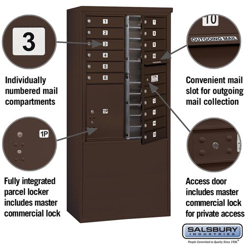 11 Door High Free-Standing 4C Horizontal Mailbox with 15 Doors and Parcel Locker in Aluminum