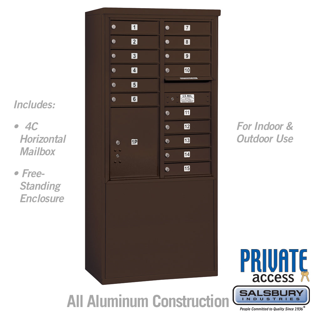 11 Door High Free-Standing 4C Horizontal Mailbox with 15 Doors and Parcel Locker in Aluminum