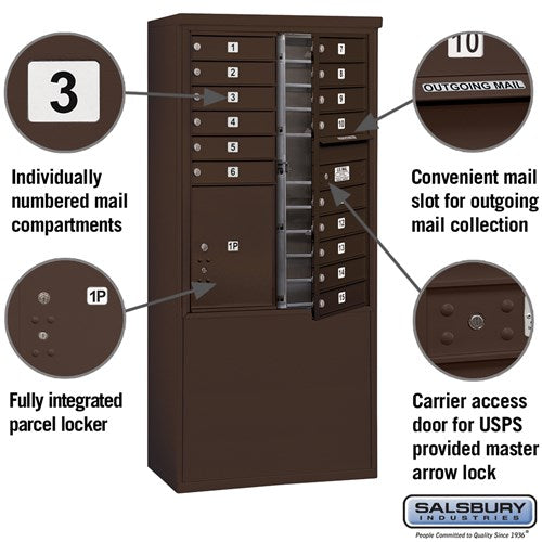 11 Door High Free-Standing 4C Horizontal Mailbox with 15 Compartments and Parcel Locker in Bronze