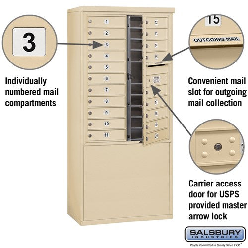 11 Door High Free-Standing 4C Horizontal Mailbox with 20 Doors in Sandstone with USPS Access