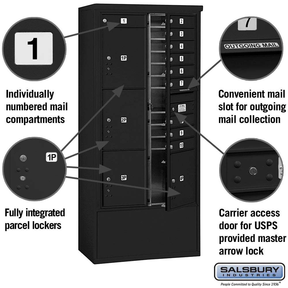 Maximum Height Free-Standing 4C Horizontal Mailbox with 10 Doors and 4 Parcel Lockers in Black with USPS Access