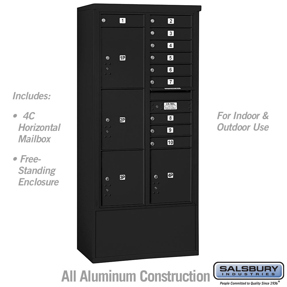 Maximum Height Free-Standing 4C Horizontal Mailbox with 10 Doors and 4 Parcel Lockers in Black with USPS Access