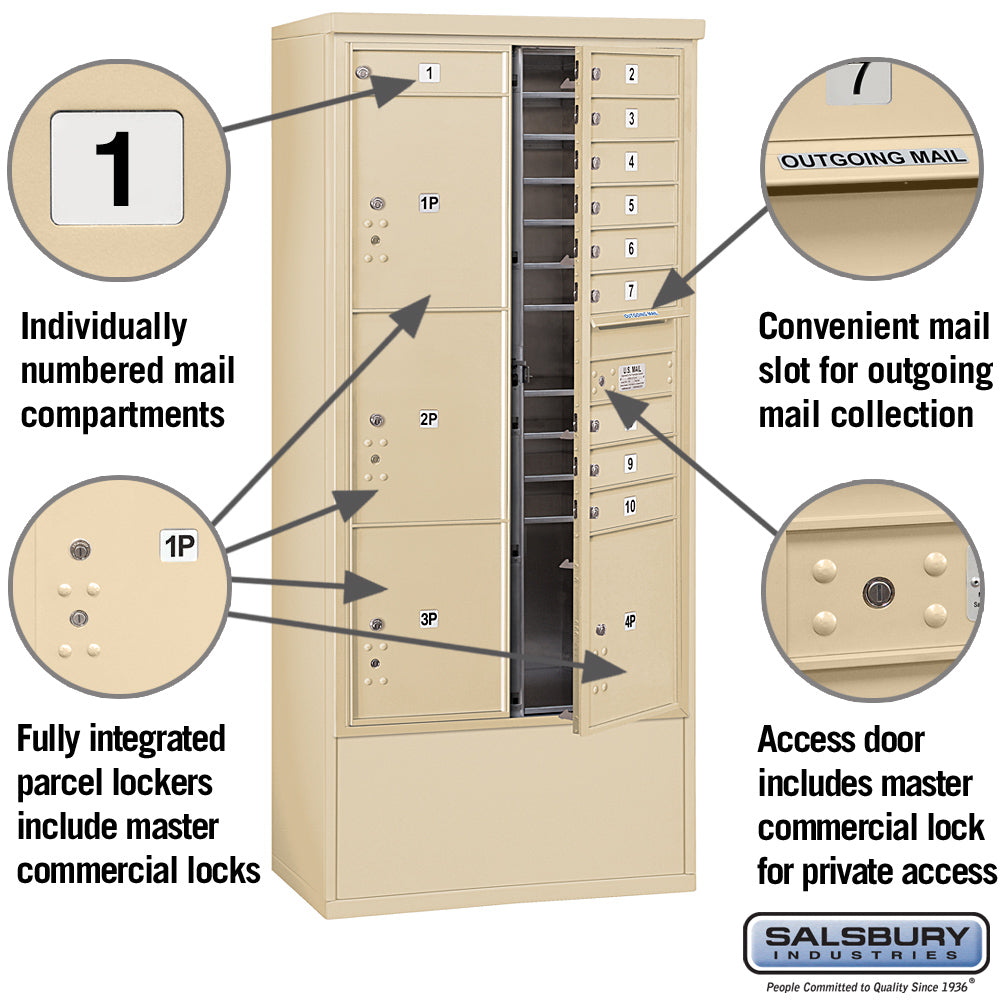 Maximum Height Free-Standing 4C Horizontal Mailbox with Parcel Lockers in Sandstone Private Access