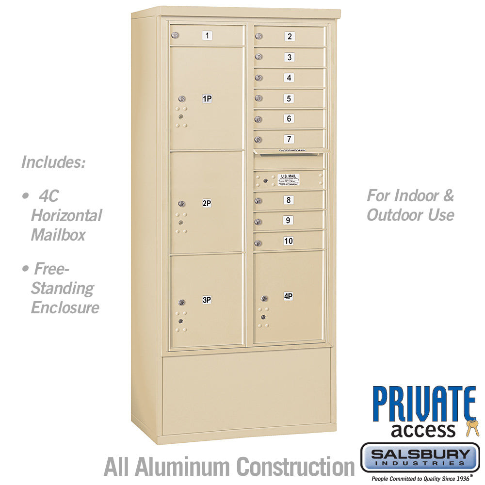 Maximum Height Free-Standing 4C Horizontal Mailbox with Parcel Lockers in Sandstone Private Access