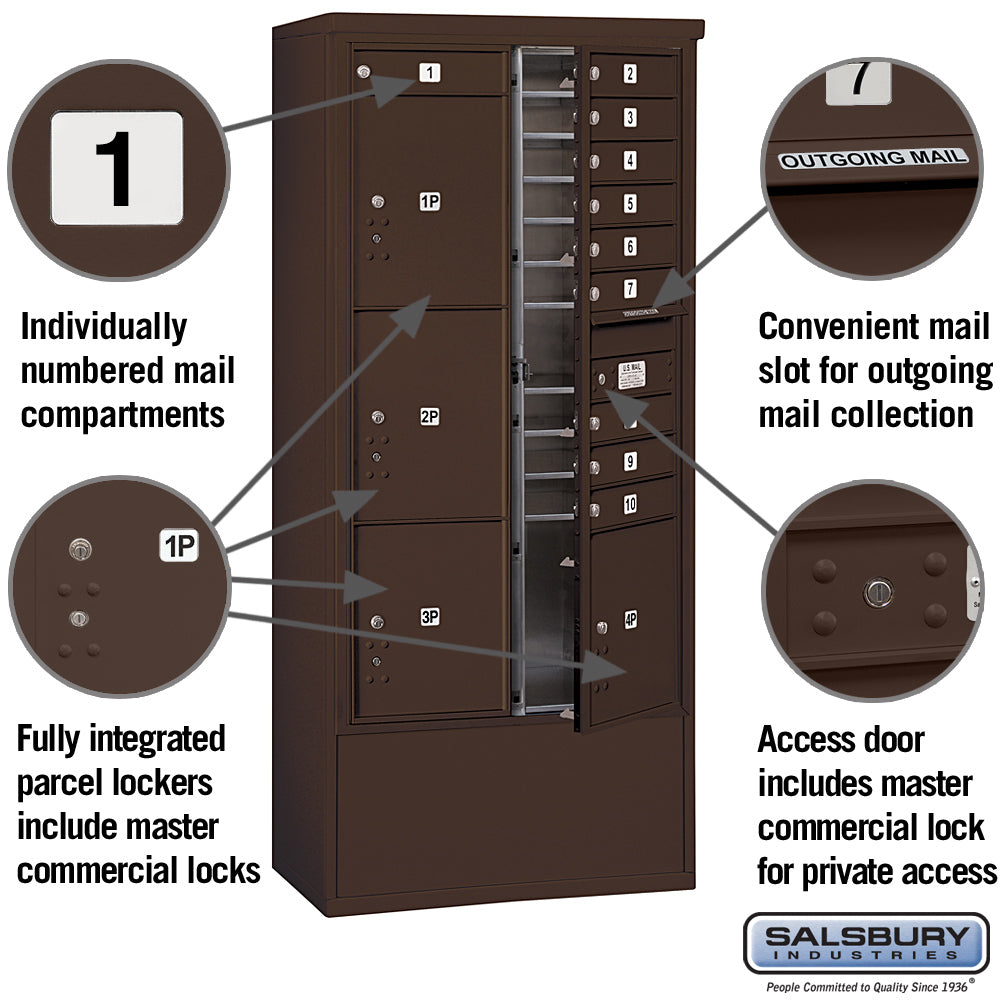 Maximum Height Free-Standing 4C Horizontal Mailbox with Parcel Lockers in Bronze