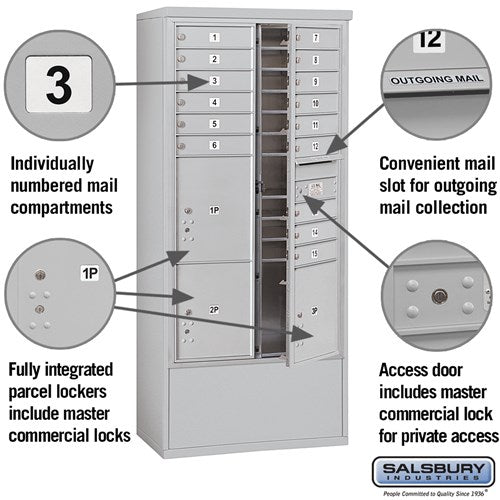 Maximum Height Free-Standing 4C Horizontal Mailbox with 15 Doors and 3 Parcel Lockers in Aluminum with Private Access