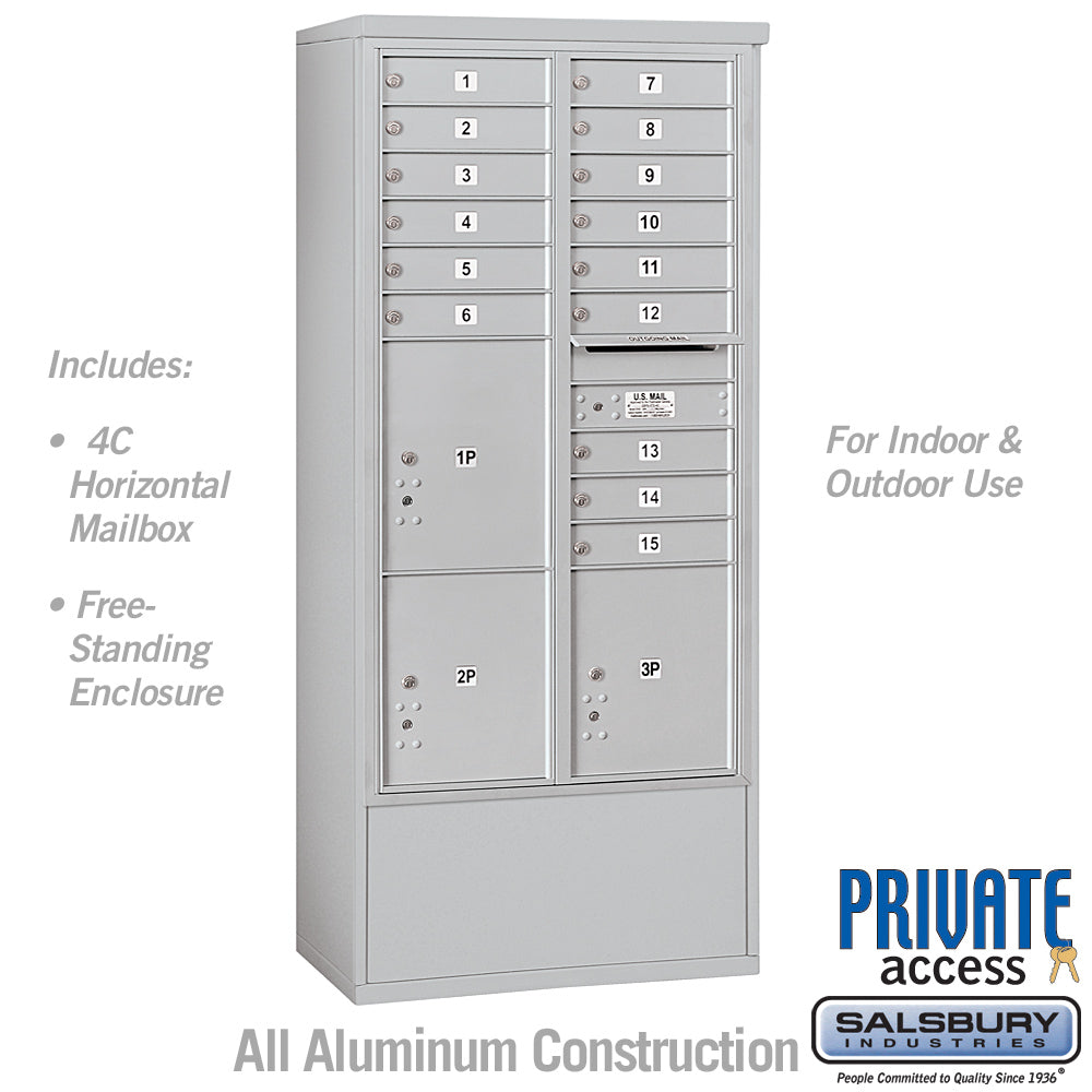 Maximum Height Free-Standing 4C Horizontal Mailbox with 15 Doors and 3 Parcel Lockers in Aluminum with Private Access