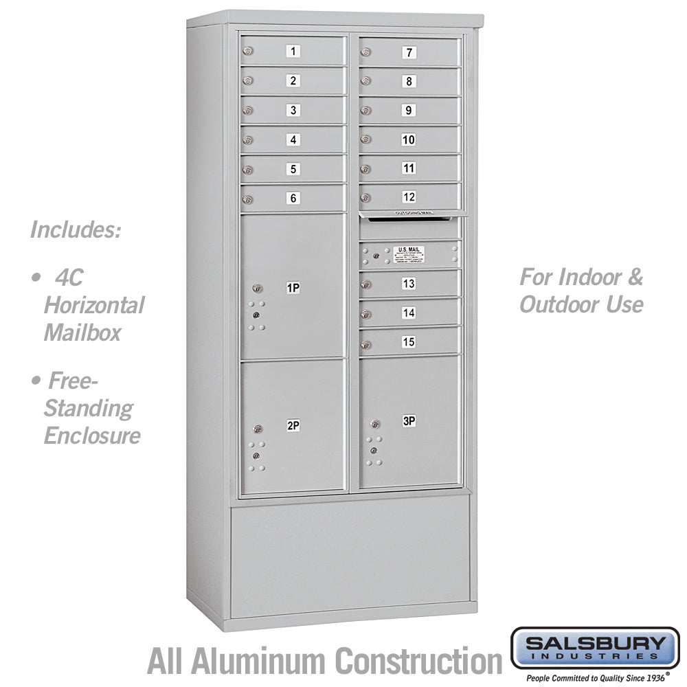 Maximum Height Free-Standing 4C Horizontal Mailbox with 15 Doors and 3 Parcel Lockers in Aluminum with USPS Access