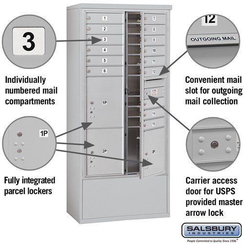 Maximum Height Free-Standing 4C Horizontal Mailbox with 15 Doors and 3 Parcel Lockers in Aluminum with USPS Access