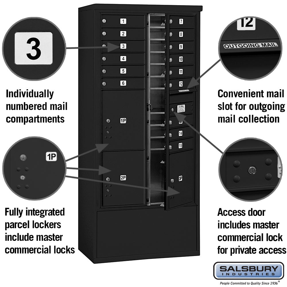 Maximum Height Free-Standing 4C Horizontal Mailbox with 15 Doors and 3 Parcel Lockers in Black with Private Access