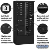 Maximum Height Free-Standing 4C Horizontal Mailbox with 15 Doors and 3 Parcel Lockers in Black with Private Access