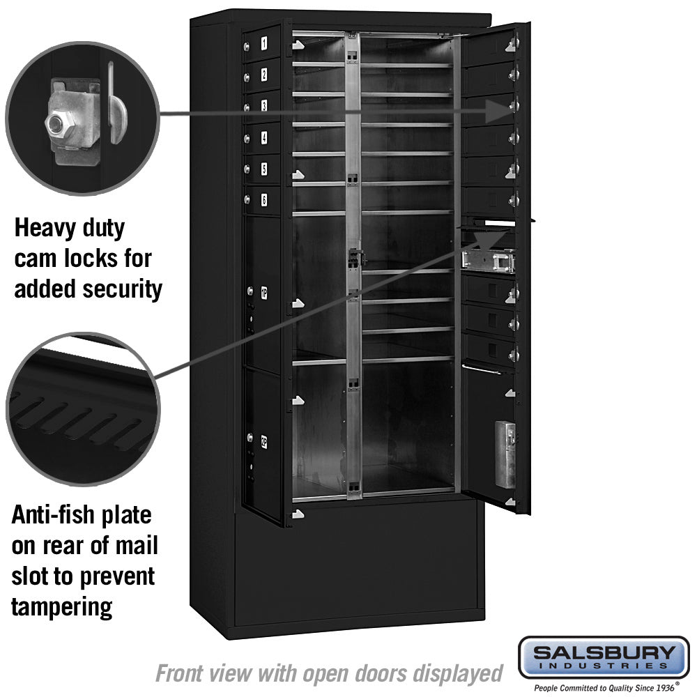 Maximum Height Free-Standing 4C Horizontal Mailbox with 15 Doors and 3 Parcel Lockers in Black with Private Access