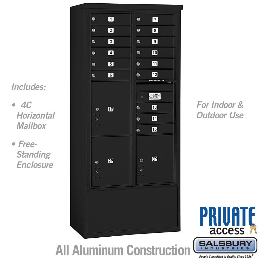 Maximum Height Free-Standing 4C Horizontal Mailbox with 15 Doors and 3 Parcel Lockers in Black with Private Access