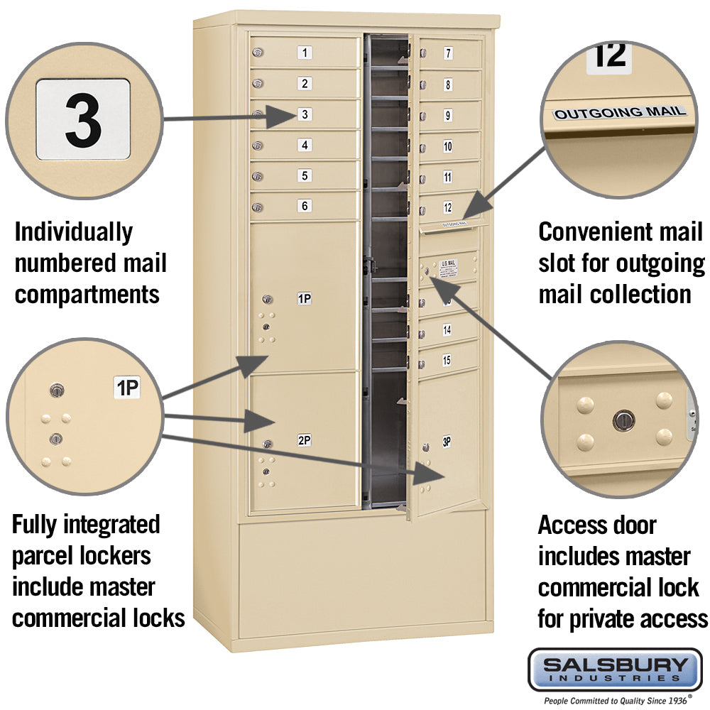 Maximum Height Free-Standing 4C Horizontal Mailbox with 15 Doors and 3 Parcel Lockers in Sandstone with Private Access
