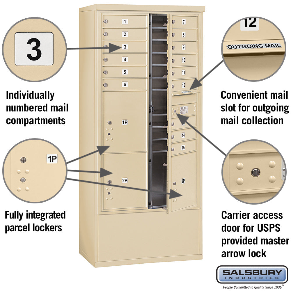 Maximum Height Free-Standing 4C Horizontal Mailbox with 15 Doors and 3 Parcel Lockers in Sandstone