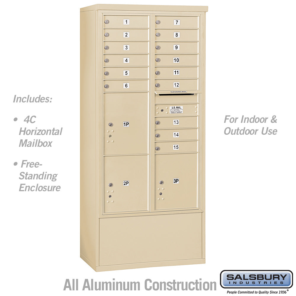 Maximum Height Free-Standing 4C Horizontal Mailbox with 15 Doors and 3 Parcel Lockers in Sandstone