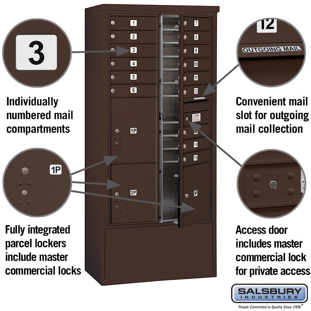 Maximum Height Free-Standing 4C Horizontal Mailbox with 15 Doors and 3 Parcel Lockers in Bronze with Private Access