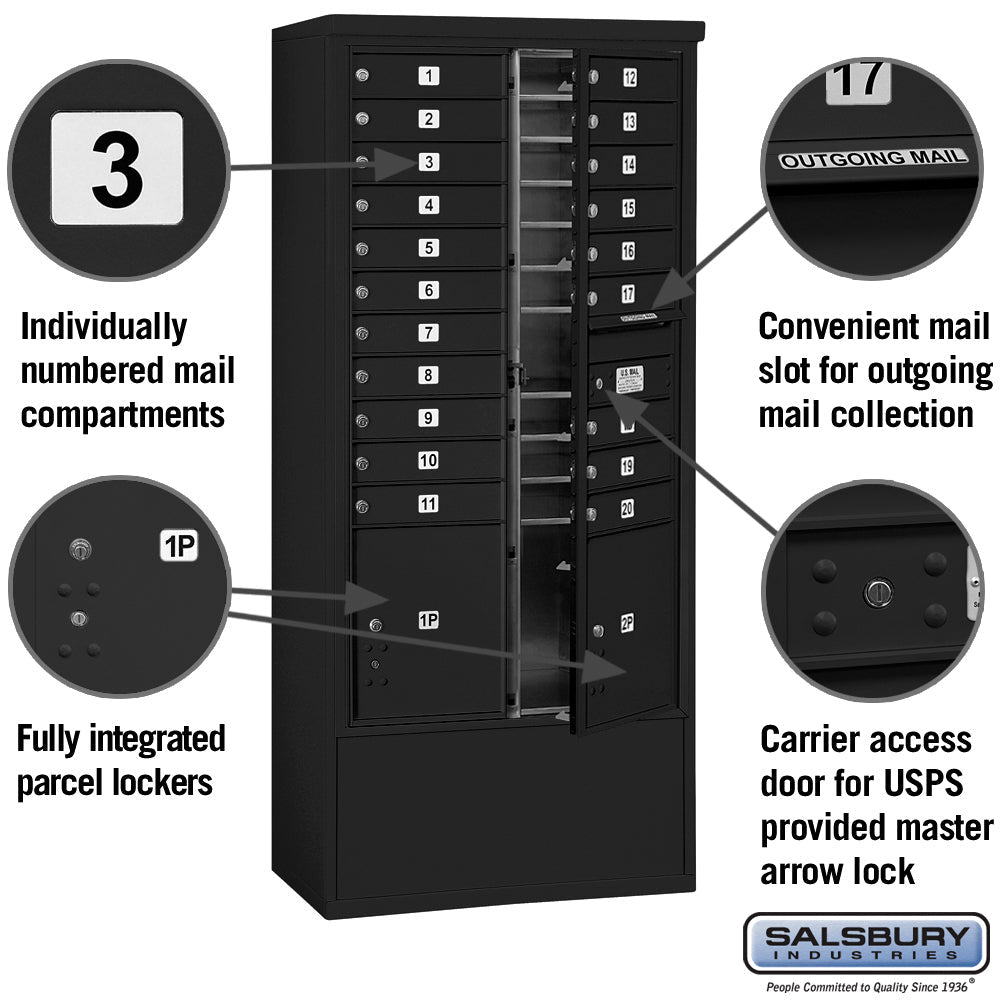 Maximum Height Free-Standing 4C Horizontal Mailbox with 20 Doors and 2 Parcel Lockers in Black with USPS Access
