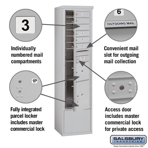 Maximum Height Free-Standing 4C Horizontal Mailbox with 6 Doors and 2 Parcel Lockers in Aluminum with Private Access
