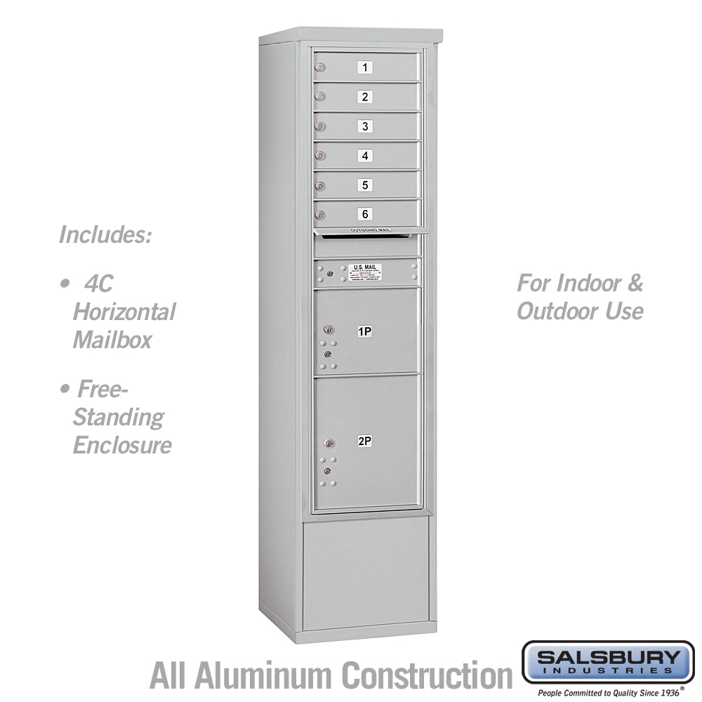 Maximum Height Free-Standing 4C Horizontal Mailbox with 6 Doors and 2 Parcel Lockers in Aluminum with USPS Access