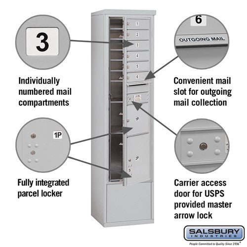 Maximum Height Free-Standing 4C Horizontal Mailbox with 6 Doors and 2 Parcel Lockers in Aluminum with USPS Access